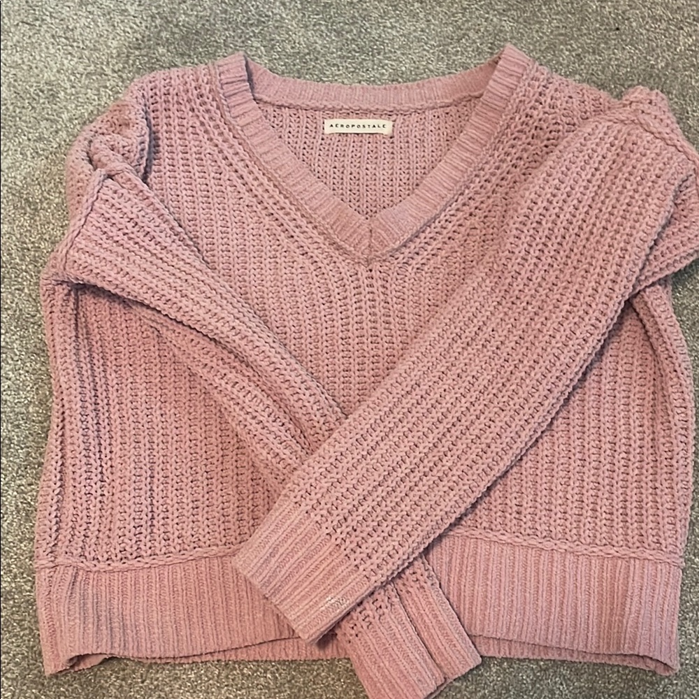 Aeropostale Pink V-Neck Sweater with Ribbed Detailing